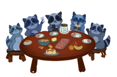 Rusty the raccoon's family gathered for a meal together