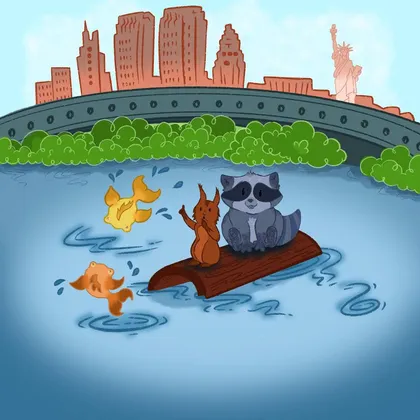 Rusty the raccoon and Squeaks the squirrel floating on a log past the New York City skyline